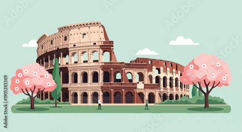 Pixel art of ancient Roman amphitheater with blooming trees and sky