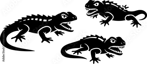 Vector illustration of three black dinosaurs in different poses, showcasing sharp teeth and spiky scales, set against a clean background from various viewpoints