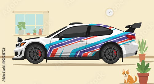 Pixel art racing car with graphic livery indoors, beside plants and a dog