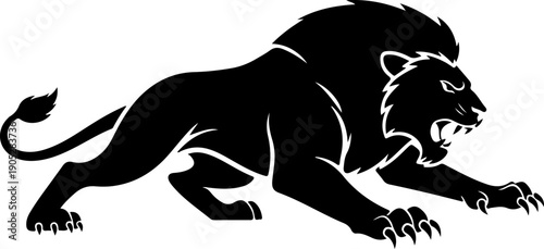 Fierce black lion illustration in a dynamic crouching position, showcasing sharp claws and aggressive posture from a side viewpoint, inspired by 3.eps