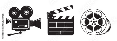 Assorted silhouette icons of classic filmmaking tools with movie camera and clapperboard for creative projects