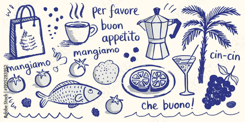 Italian Style Summer Vacation Hand Drawn Vector Illustrations, Ink and Grunge Chalk Charcoal Doodle Sketch Elements for Posters, Menus, Placards and Creative Travel Print Design