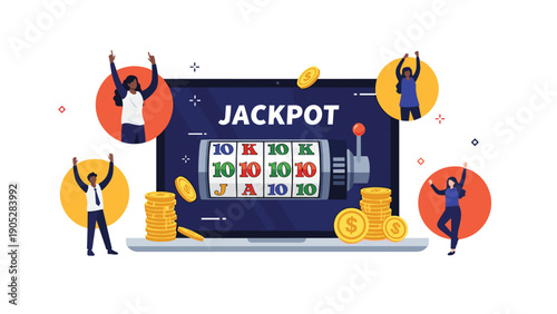Diverse group of people celebrating a jackpot win on an online casino slot machine game displayed on a laptop screen.