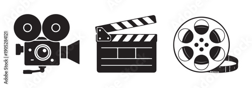 Graphic collection of motion picture production symbols including clapper and movie reel for media designers