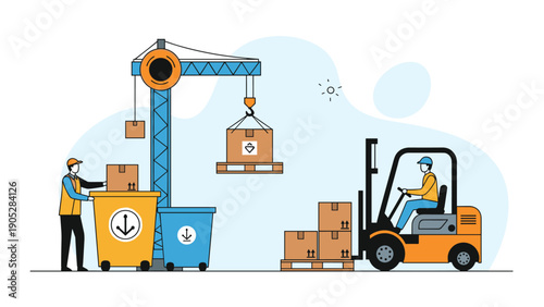 Warehouse workers loading and unloading boxes with a forklift and crane, illustrating logistics, shipping, and supply chain management.
