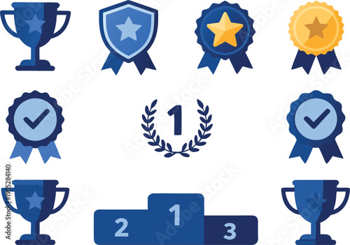 Winning blue trophies and awards for first place achievement and recognition