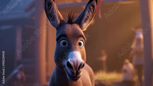 A Curious Donkey's Gaze: An adorable donkey, with wide, expressive eyes, gazes directly at the viewer, its playful curiosity igniting a sense of wonder. 