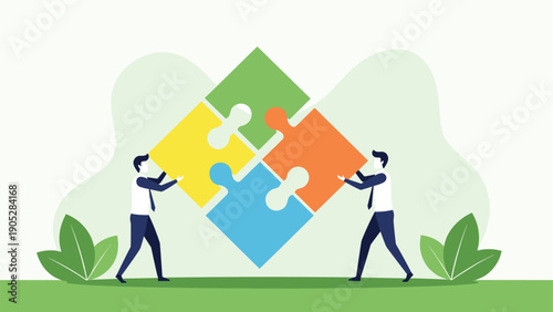 Two businessmen putting together four large, colorful puzzle pieces, representing teamwork, partnership, and finding a business solution.