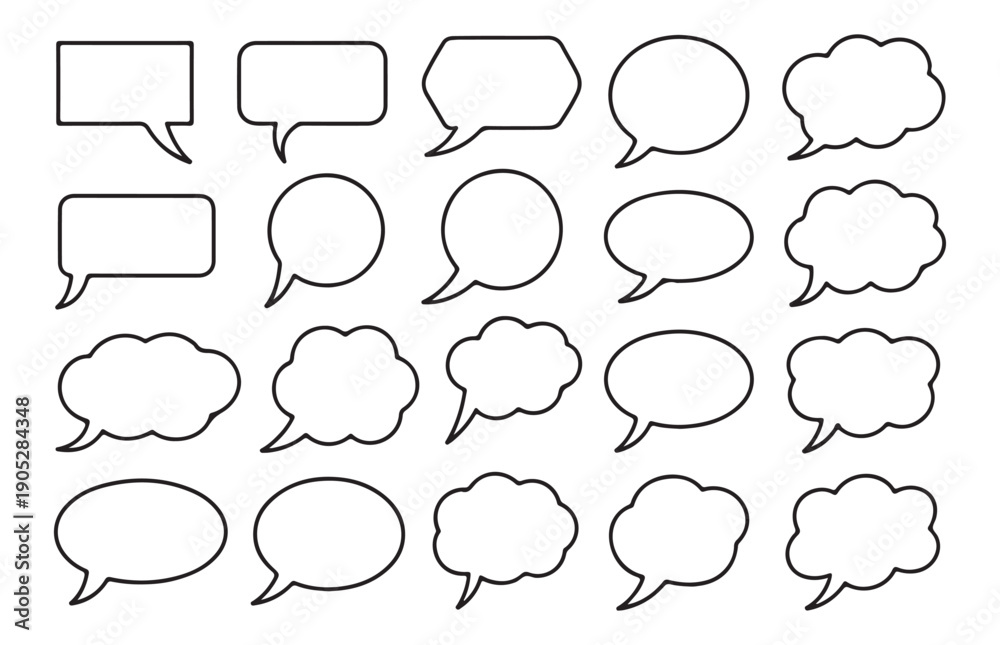 Fototapeta premium Collection of black line empty speech bubbles, comic clouds and thought balloons on white background