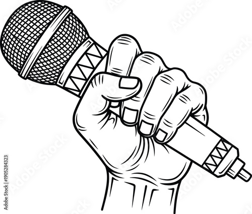 Hand holding a microphone with a confident gesture and strong grip