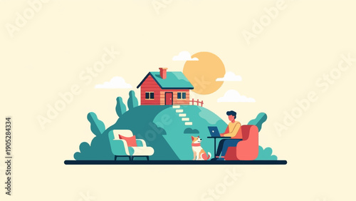 Person working on laptop with dog by house on hill under sun