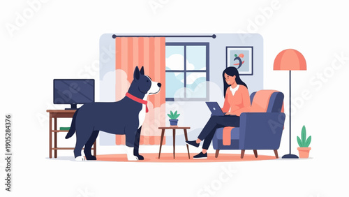 Person working on laptop with dog in cozy home setting