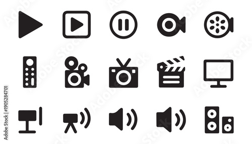 Collection of media and entertainment icons including play, pause, video camera, and sound symbols on white background