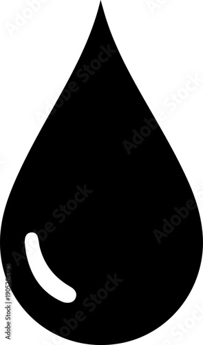 A single black liquid droplet with a curved reflection viewed from the side