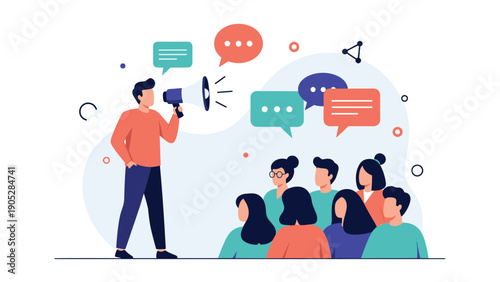 Man with a megaphone speaking to an audience, illustrating concepts of public speaking, leadership, marketing, and communication.