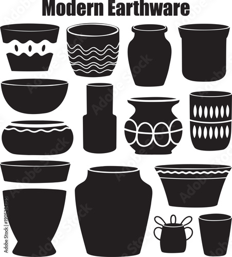 A collection of black silhouettes depicting various modern earthenware pots and vases on a white background