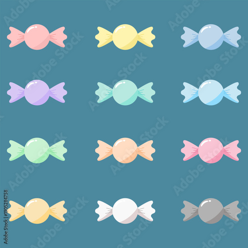 Sweet Colorful Candy Vector Set, Cute Pastel Bonbons with Shiny Wrappers, Isolated Flat Cartoon Sweets for Birthday and Holiday Party Design