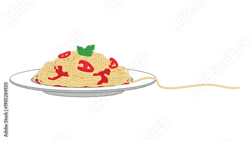 Plate of delicious spaghetti pasta with red chili peppers and parsley, with one long noodle strand extending off the plate.