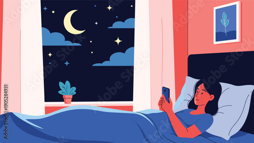 Young woman using her smartphone in bed at night, with the moon and stars visible through her bedroom window.