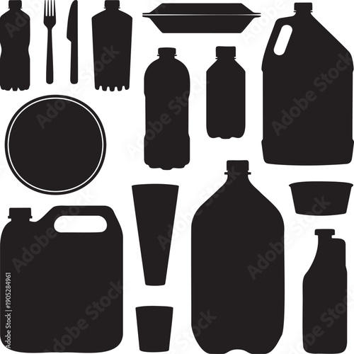 A collection of black silhouettes showing various plastic bottles, containers, and disposable cutlery items
