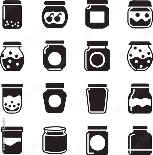 A comprehensive collection of black silhouette icons showcasing various empty and filled jar shapes