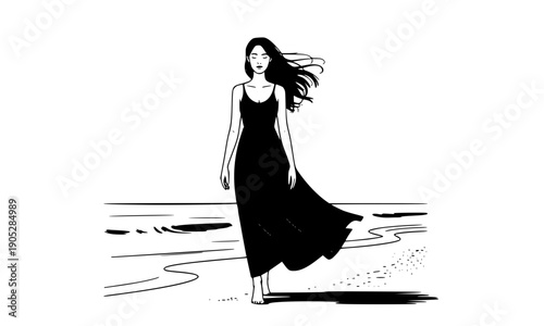 Black Woman Silhouette Standing on Beach with Flowing Dress and Hair by Ocean for Freedom Illustration, Peaceful Nature Graphics, and Minimalist Lifestyle Design Projects