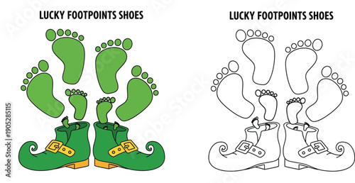 Lucky Leprechaun Shoes and Footprints Vector. Green Elf Boots with Walking Steps. Colored and Outline Illustration for Coloring Book. St Patricks Day.