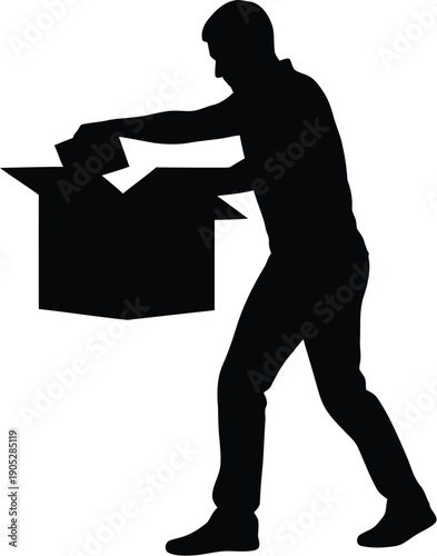 Man unpacking box silhouette vector illustration isolated on a simple background