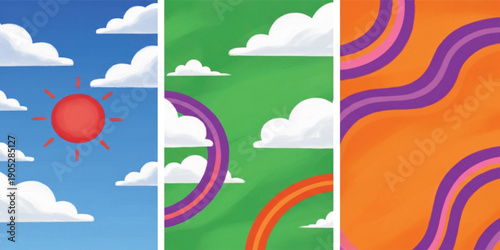 Colorful Cartoon Sky and Rainbow Poster Set with Sun, Clouds, and Abstract Wavy Patterns for Kids Design, Nursery Decor, and Playful Backgrounds