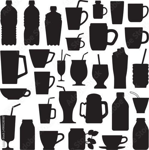 A diverse collection of black silhouette icons representing various drinking bottles, cups, mugs, and tumblers