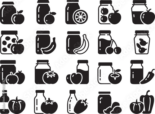 A grid of black icon silhouettes depicting various jars filled with different fruits and fresh vegetables