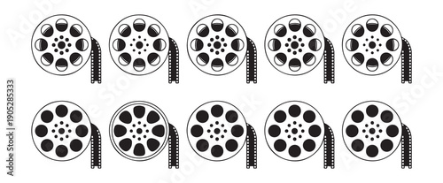 Cinema film reel icons collection in flat style for motion picture production and video editing software design