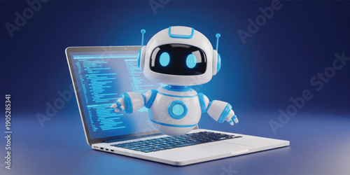 Cute AI Robot Assistant with Laptop Coding Screen for Artificial Intelligence Programming Automation Chatbot and Software Development Concepts