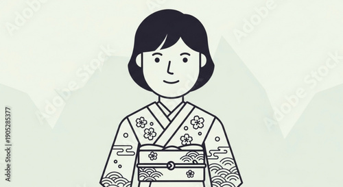 A smiling woman in traditional japanese kimono with floral patterns standing against a mountainous background