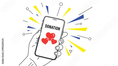 Hand holding a smartphone for an online donation, a concept for charity, fundraising, and supporting causes through mobile technology.