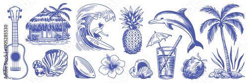 Rough Hand Drawn Tropical Summer Chalk Doodles, Palm Trees, Ocean Waves, Surfer, Tiki Hut, Fruit and Cocktails, Vector Elements for Vacation Branding, Island Graphics and Retro Surf Culture