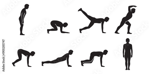Stretching exercise fitness icons for workout routine silhouettes healthy lifestyle yoga poses vector set gym