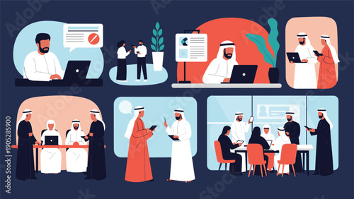 Collection of scenes showing Arab businessmen in traditional attire working in a modern office, collaborating and using technology.