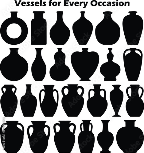 Numerous black silhouettes display a wide variety of pottery vases and decorative vessels on a white background