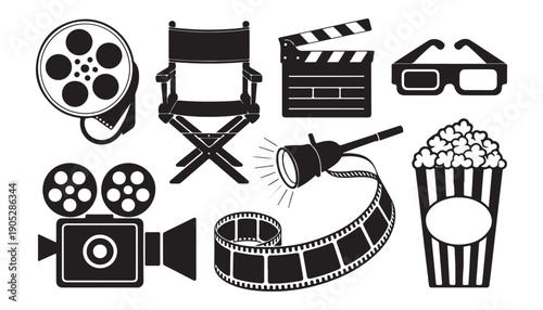 Cinematic icons collection featuring film reel director chair clapperboard 3d glasses vintage camera spotlight and popcorn box