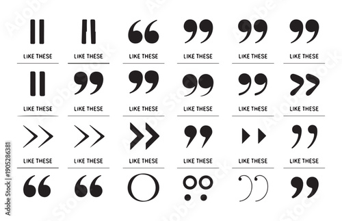 Variety of black quotation mark icons and symbols for text and design elements like these examples