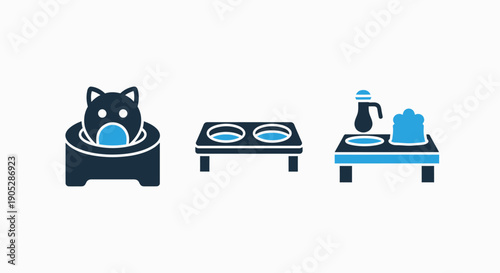 Pet care icons: stylized cat in a bowl, double food dish, and water dispenser with suds.