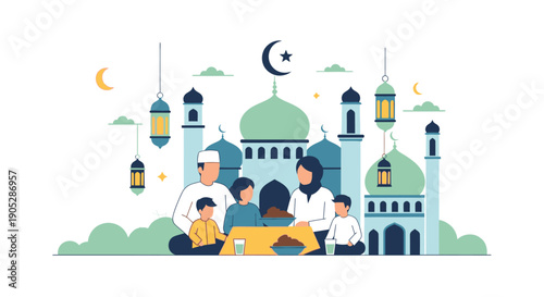 Muslim family celebrating Ramadan or Eid, sitting together for a meal in front of a mosque with lanterns and crescent moons, flat illustration style.