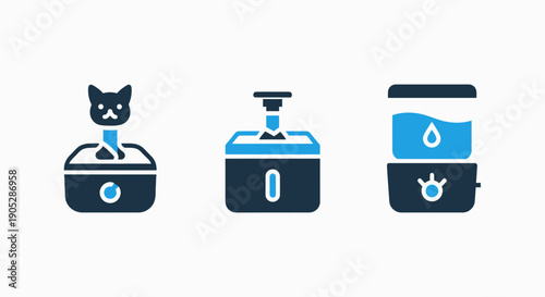 Advanced pet care icons: cat fountain, automatic pet feeder, and water dispenser.