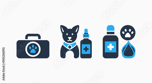 Veterinary care icons: first aid kit, cute dog, and medicine bottles, for animal health and wellness.