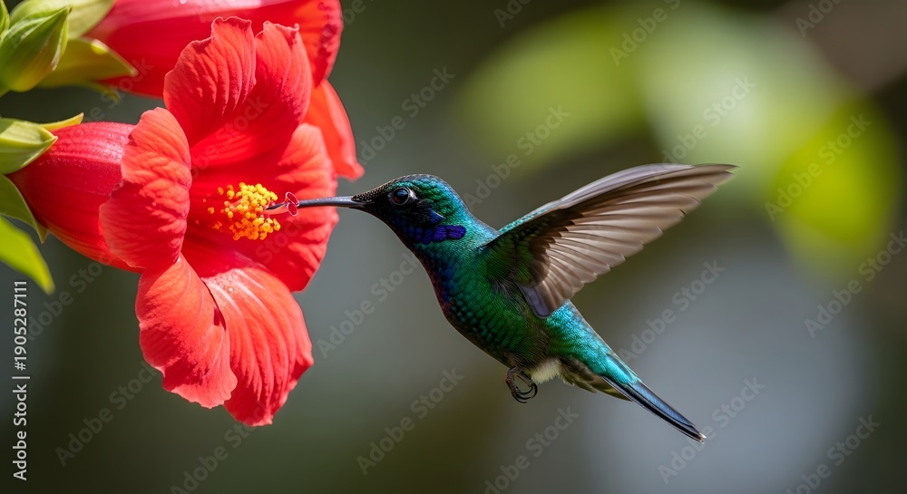 Obraz premium Vibrant hummingbird sips nectar from bright red flower in lush garden setting