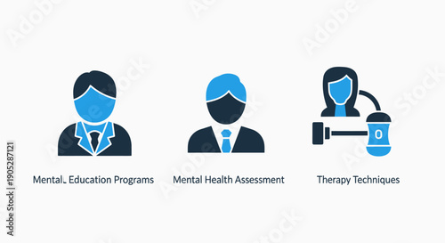 Icons for mental health services: education programs, assessment tools, and therapy techniques with diverse figures.