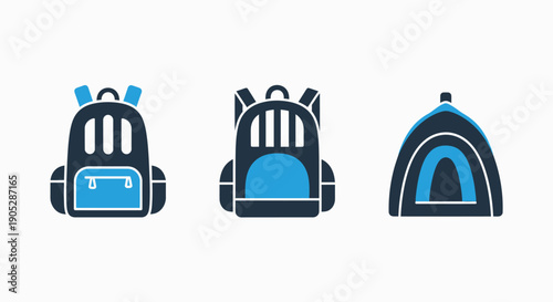 Outdoor and Travel Gear Icons: Backpacks and Tent for Camping and Hiking Adventures