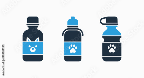 Pet product icons: cute animal face bottle, paw print water bottle, and pet supply container