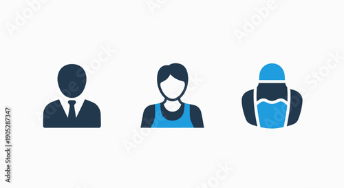 Business and service icons: male executive, female employee, and professional worker with gear